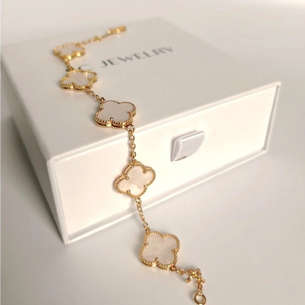 Clover Bracelet Mother of Pearl 14k Gold Plated Luxury Bracelet - Picture 2 of 11